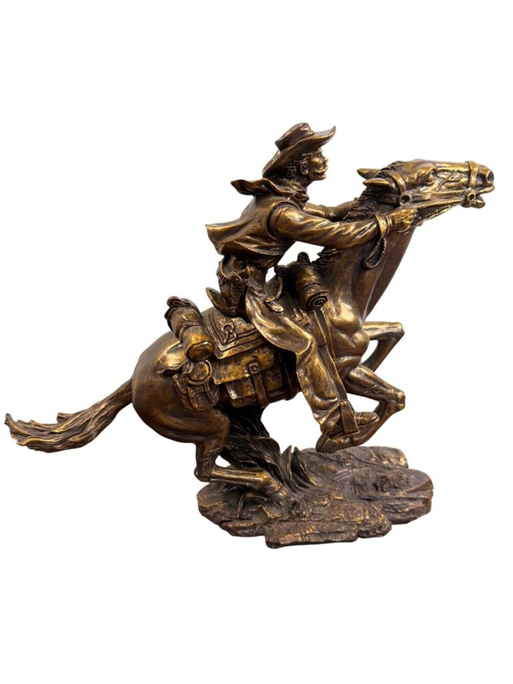 Vintage Style Bronze Finish Western Cowboy Riding Galloping Horse Statue Figurin